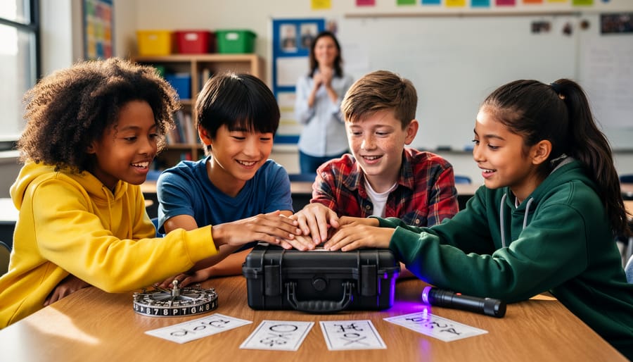 Four middle school students lean over a classroom table, working together with a lockbox, cipher wheel, and UV flashlight, while a teacher observes in soft focus; natural daylight and blurred shelves and whiteboard in the background.