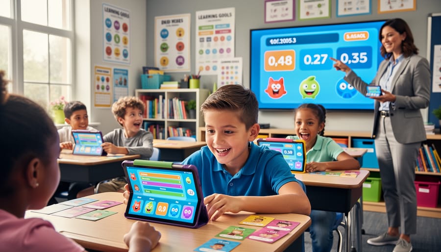 Elementary students enthusiastically participating in interactive classroom learning game