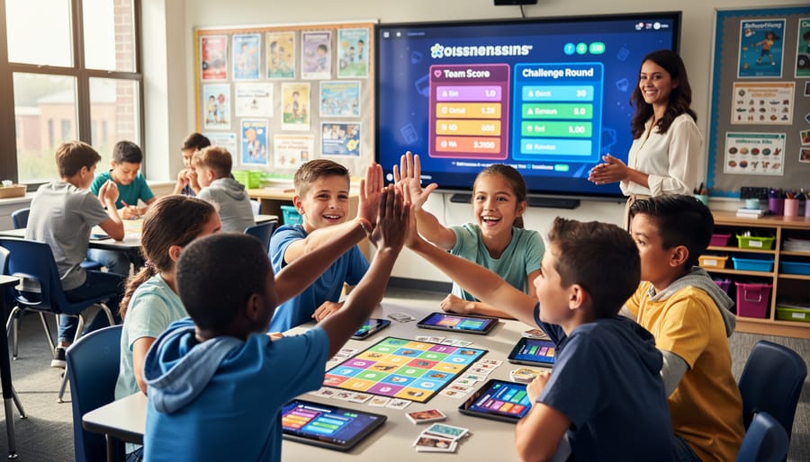 Students enthusiastically participating in educational team game in classroom