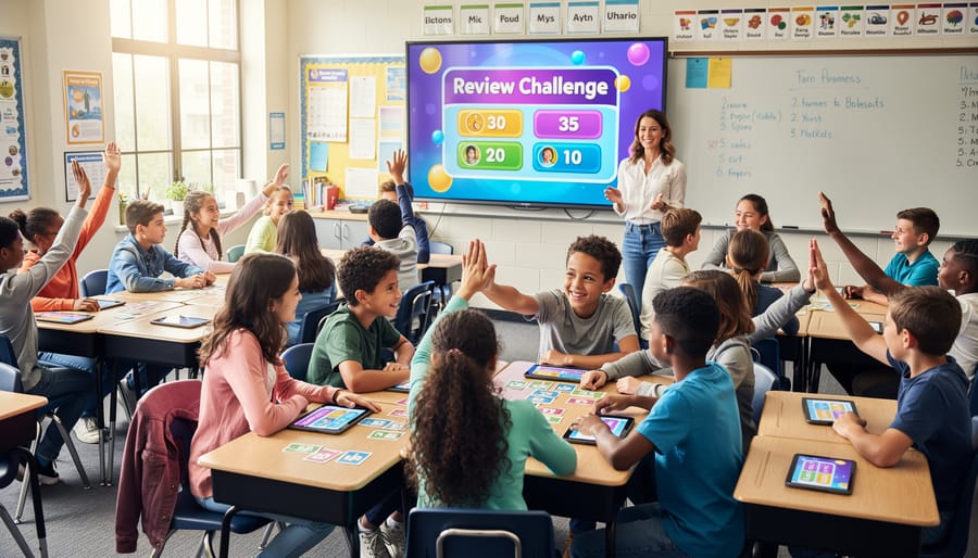 Elementary students enthusiastically participating in gamified classroom review session