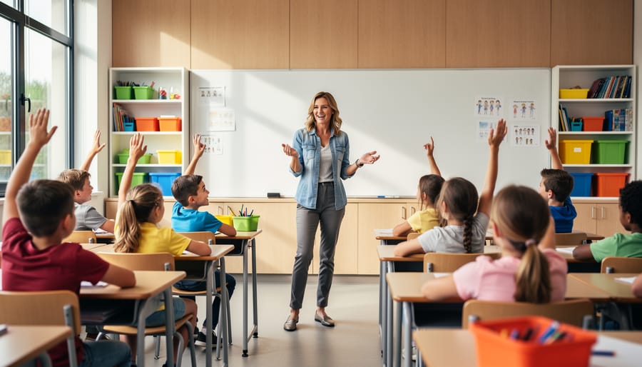Teacher at the front of a classroom guiding an interactive guessing game while several elementary students raise their hands, with soft natural light and a blurred whiteboard and shelves in the background.
