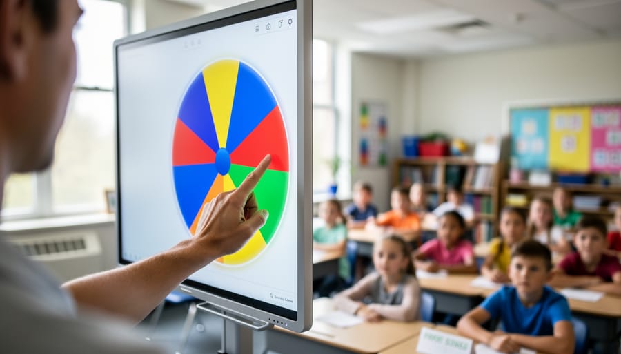 Over-the-shoulder, eye-level view of a teacher tapping a colorful spinner wheel projected on an interactive whiteboard, with diverse students watching from their desks; soft natural classroom lighting, no text visible.
