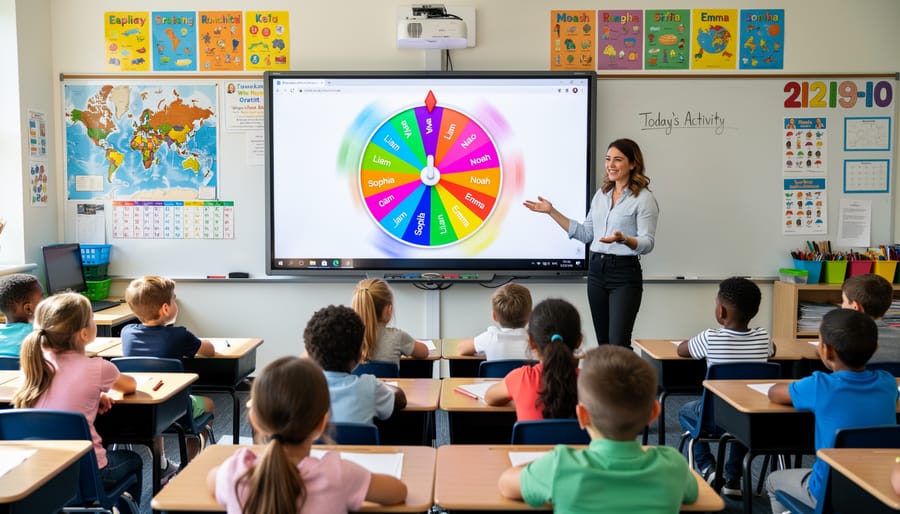 Colorful spinner wheel mounted on classroom wall with multiple colored segments