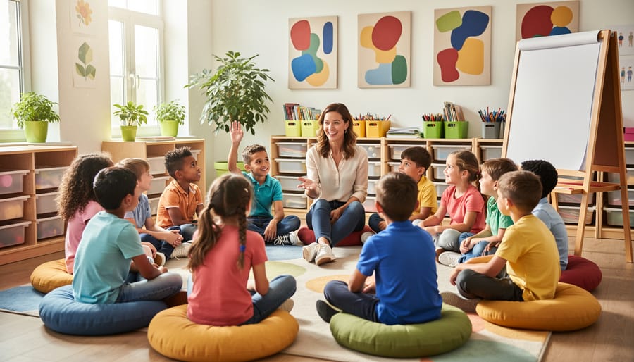 Teacher facilitates a circle discussion with diverse elementary students, one child raising a hand, in a bright classroom with shelves, plants, and a blank chart paper easel in the background.