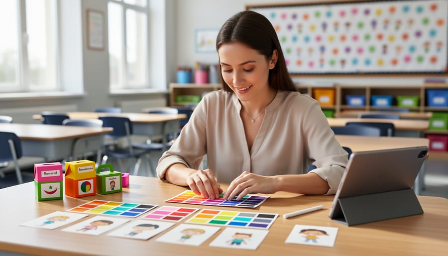 Teacher creating colorful classroom materials at a table with color swatches, illustrated flashcards, small reward boxes, and a tablet stylus, with a softly blurred classroom in the background.