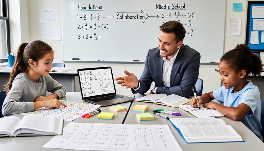 Middle school student tutoring elementary student in mathematics at classroom desk