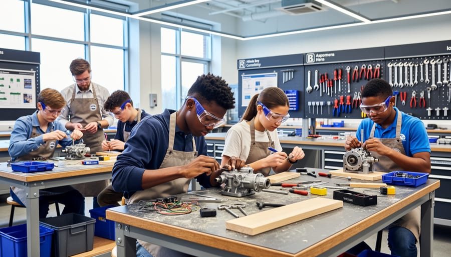 High school students working together on robotics project in CTE classroom