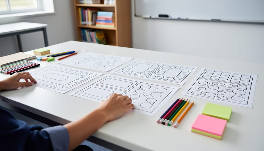 Teacher holding digital tablet displaying customizable blank board game template with colorful game spaces
