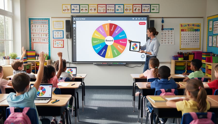Teacher holding tablet showing digital spinner wheel with students gathered around during group activity