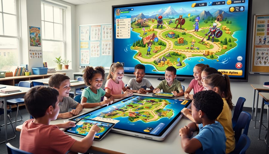 Child's hands typing on vintage computer keyboard while playing educational game