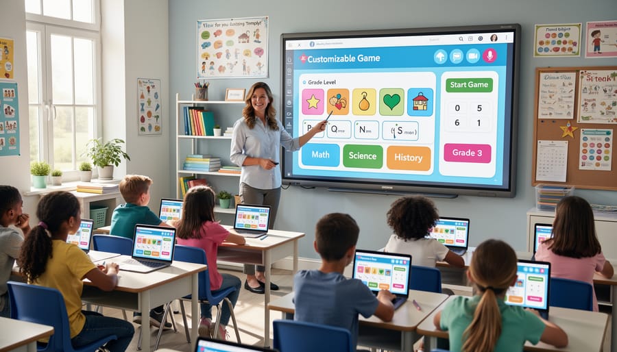 Teacher preparing educational game template on laptop in classroom setting