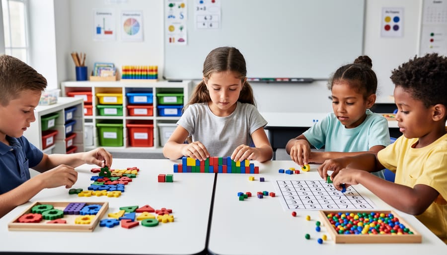 Elementary students working with fraction manipulatives and math tools at classroom desk