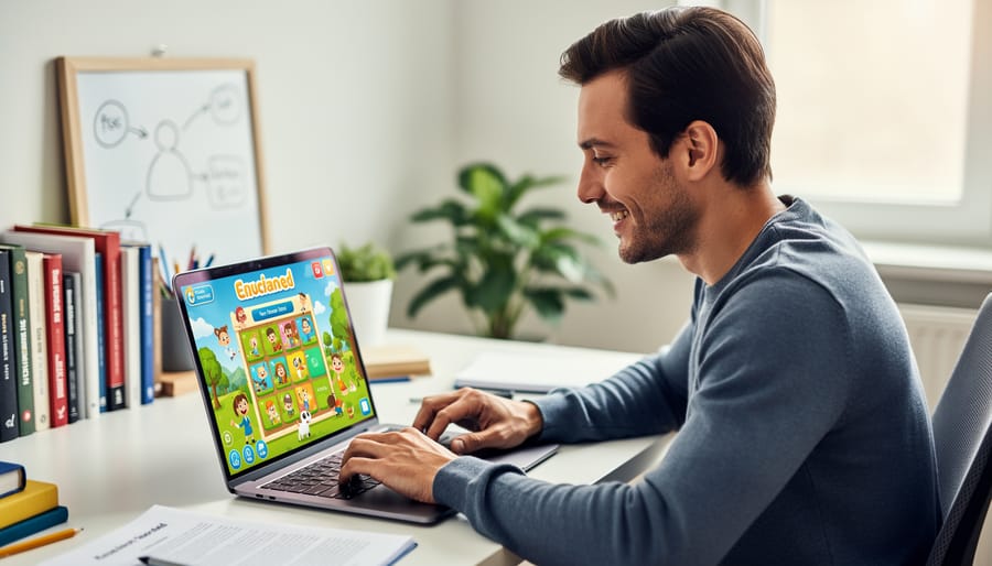 Adult woman smiling while concentrating on educational content on tablet