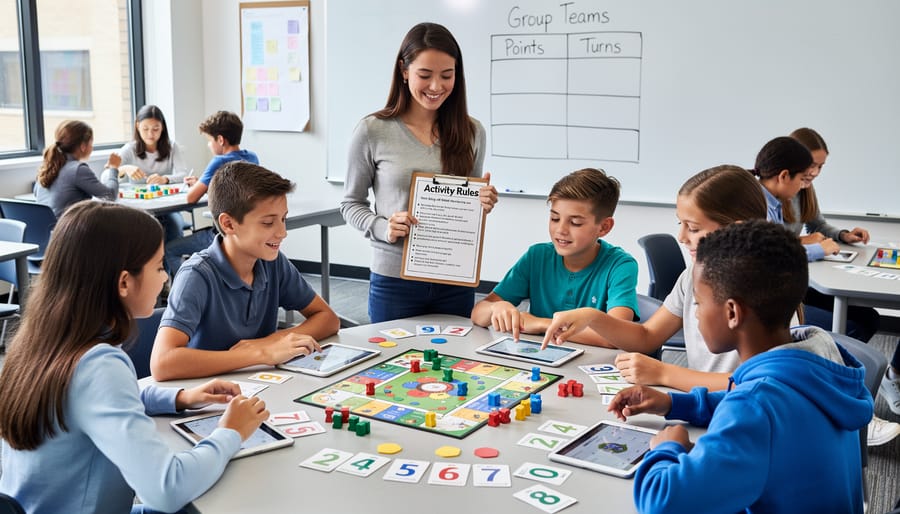 Diverse group of middle school students actively engaged while playing educational board game in classroom