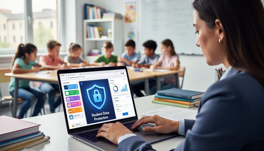 Teacher reviewing privacy policies and security features of educational technology tools