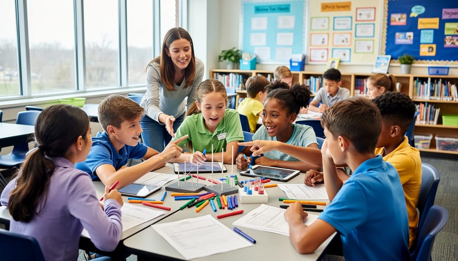 Group of fifth grade students sitting in circle with raised hands showing enthusiasm during class activity