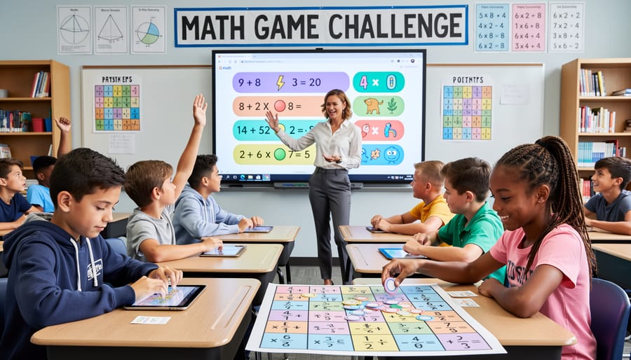 Group of elementary students playing educational math game together at classroom table