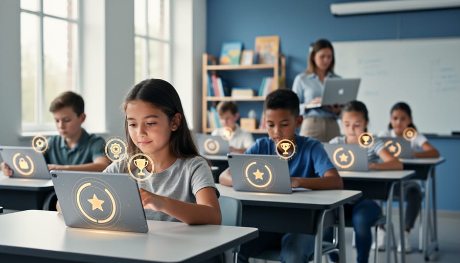 Teacher and diverse students using tablets in a modern classroom, with glowing badge, star, trophy, and progress-ring icons hovering near devices; soft natural light and blurred shelves/whiteboard in the background; no visible text.