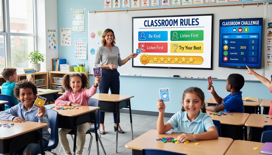 Elementary students playing educational game together to reinforce classroom rules