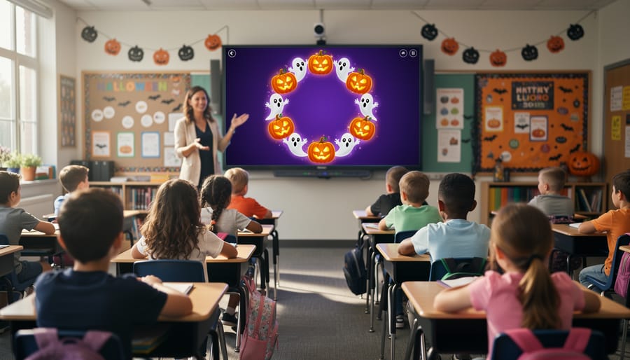 Teacher using a smartboard to start a Halloween-themed digital timer with a circular pumpkin-and-ghost graphic while elementary students watch in a bright, autumn-decorated classroom; no text or numbers visible.