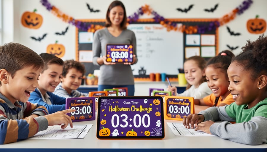 Elementary students watching Halloween timer on classroom interactive whiteboard