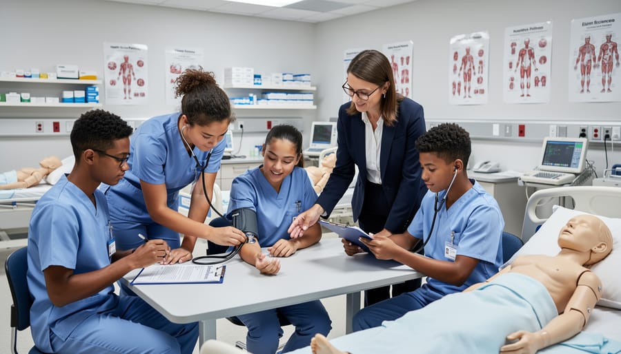 Female student in medical scrubs practicing clinical skills with training equipment