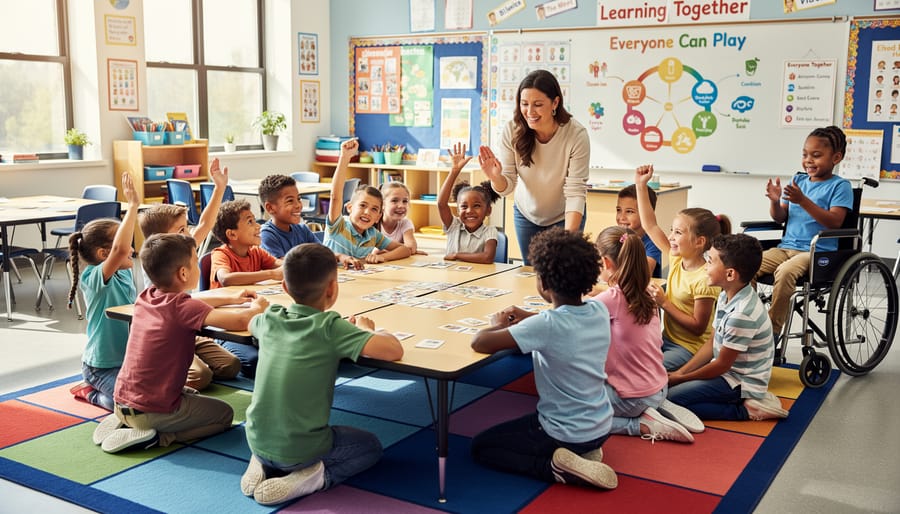 Diverse group of elementary students participating together in an interactive classroom game