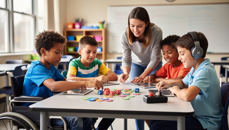 Diverse middle school students, including a wheelchair user and a student wearing headphones, play a collaborative game with tablets, high-contrast tokens, tactile dice, and an adaptive switch controller as a teacher guides; soft daylight and a blurred classroom background.