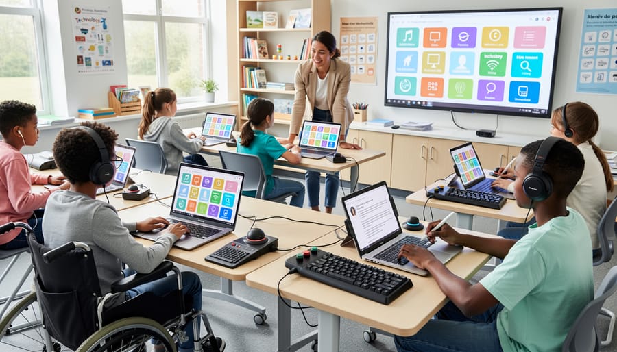 Diverse group of elementary students collaborating on laptop computer with adaptive technology in classroom
