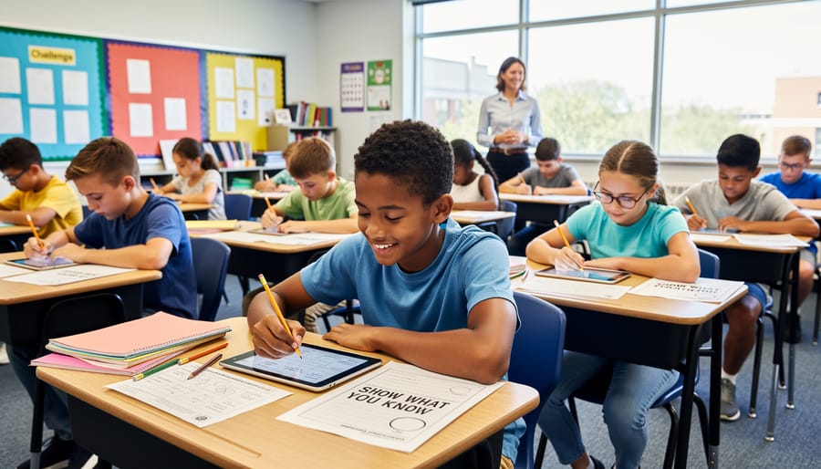 Student spinning colorful wheel during individual classroom game activity