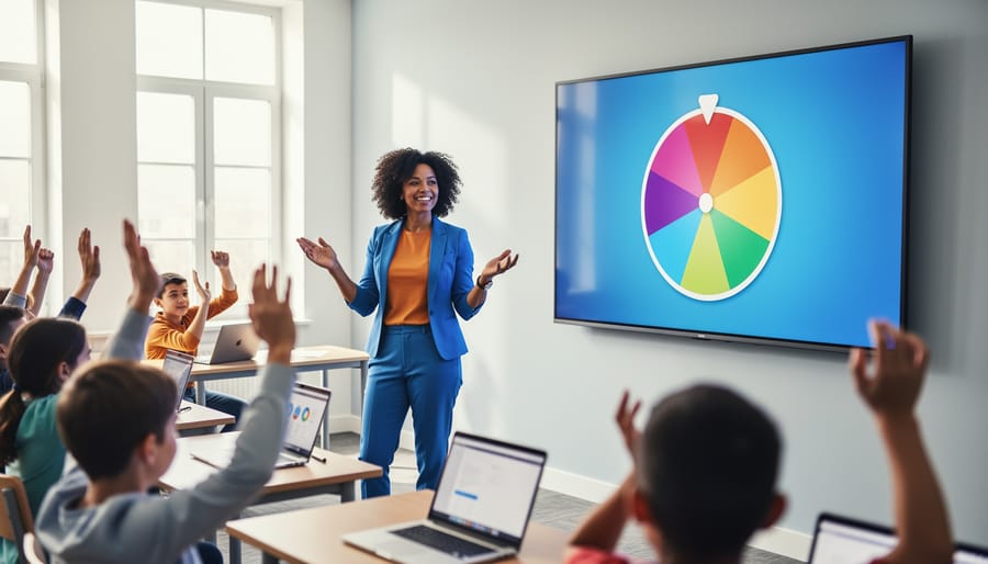 Teacher beside a large display showing a colorful spinner wheel and countdown icon, with students raising hands in a modern classroom, no visible text.