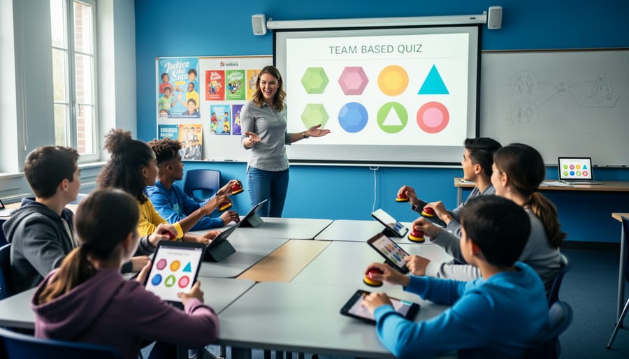 Teacher facilitating a team quiz with colorful geometric shapes projected at the front; students at tables use tablets and buzzers; soft daylight and blurred classroom posters and whiteboard in the background; no text visible on screens.