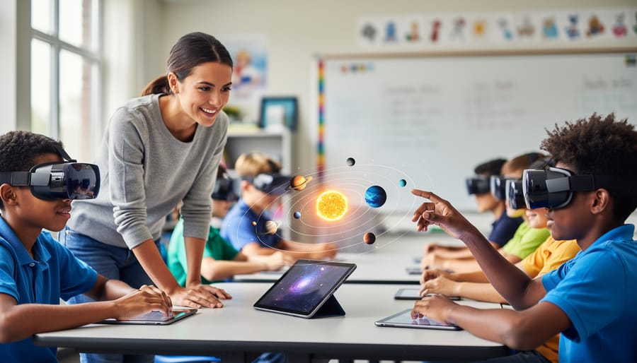 Teacher guiding diverse students using VR headsets and tablets with an augmented reality solar system hovering above a desk, while another student reaches to manipulate a 3D model in a bright classroom with softly blurred background decor