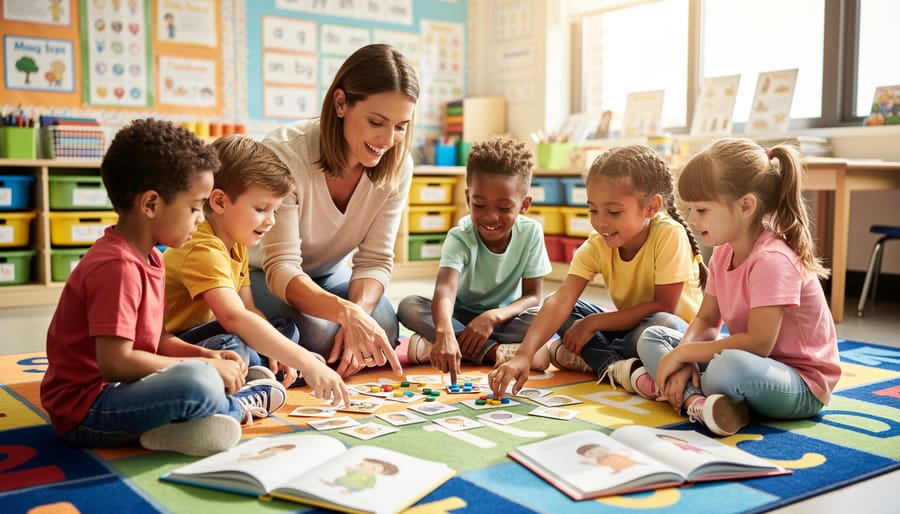 Teacher guiding diverse K-2 students through a phonics game with counters and picture cards on a colorful classroom rug, soft daylight from windows, shelves and posters blurred in the background.