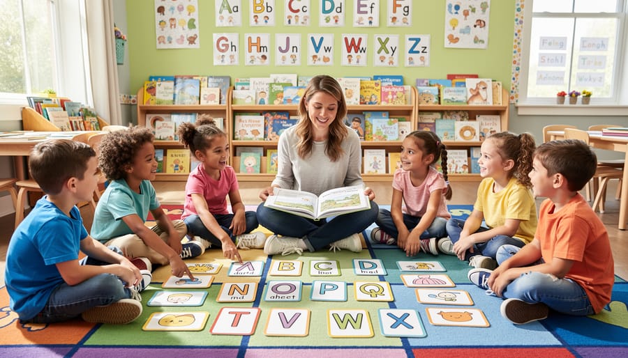 Elementary students sitting in reading circle during classroom literacy instruction