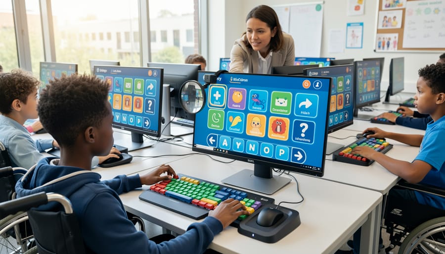 Student hands using keyboard to navigate colorful educational game on laptop screen