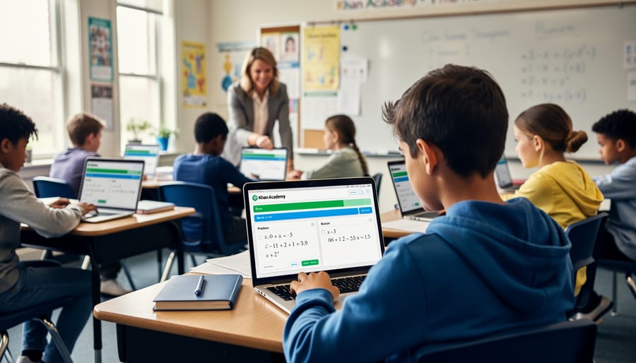 Elementary students working together with Khan Academy on tablet in classroom