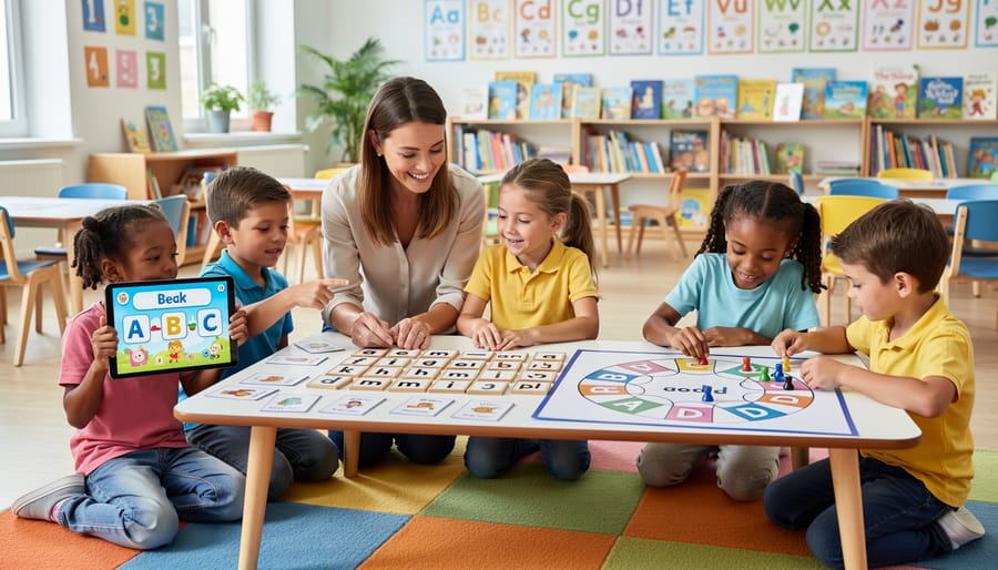 Elementary students enthusiastically participating in educational literacy game during class