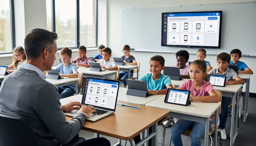 Teacher managing classroom tablets through MDM platform interface