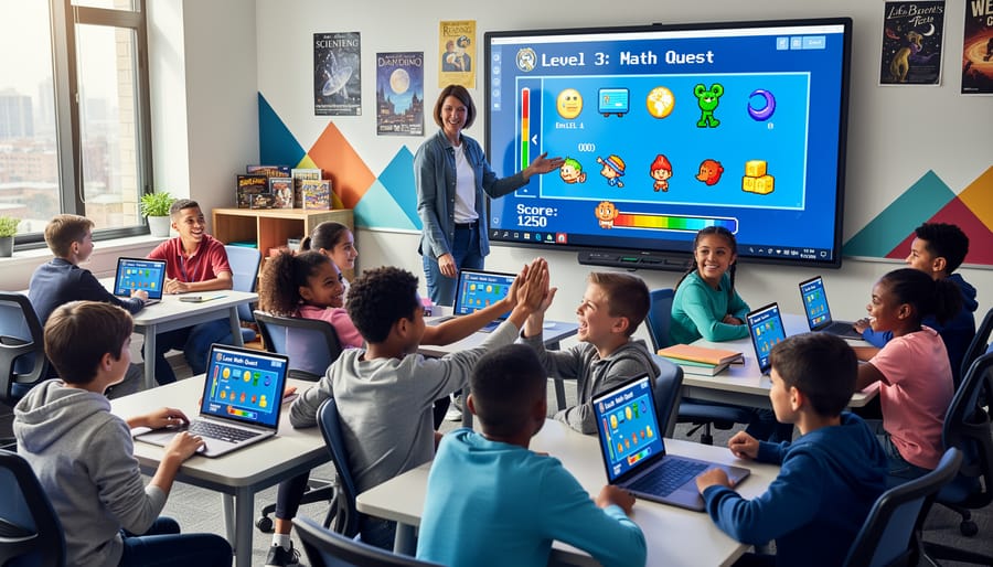 Teacher leading interactive game-based learning activity with engaged elementary students in modern classroom
