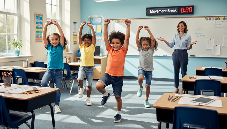 Elementary student doing stretching movement break at classroom desk