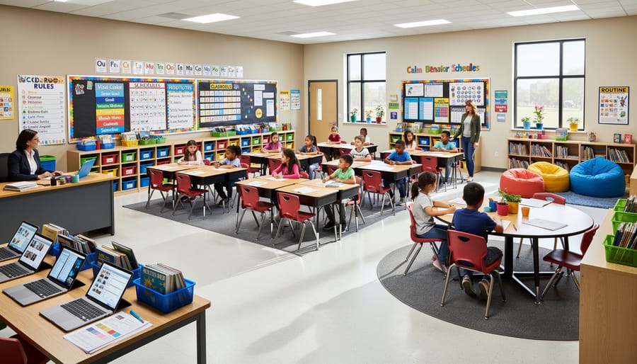 Organized elementary classroom with structured desk arrangement and clear learning spaces