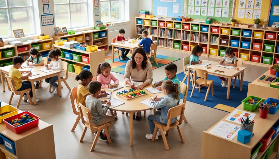 Well-organized elementary classroom with a teacher leading small-group instruction and students engaged at stations, soft daylight, defined learning areas, and background bookshelves and cubbies, no visible text.