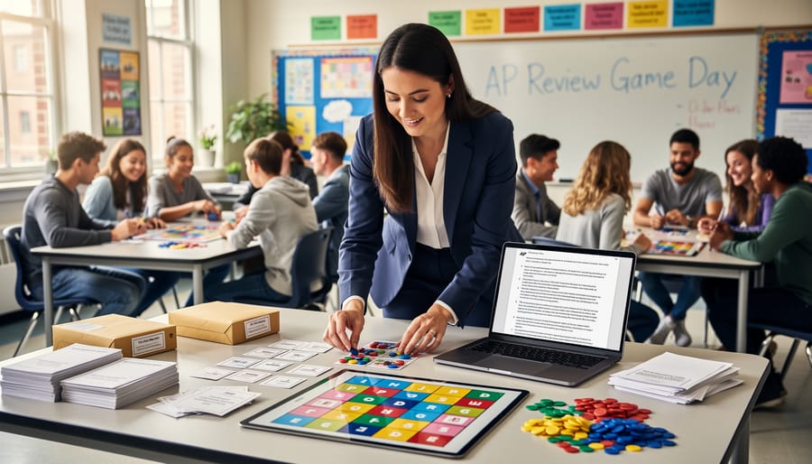 Teacher organizing printed AP question cards on desk next to laptop