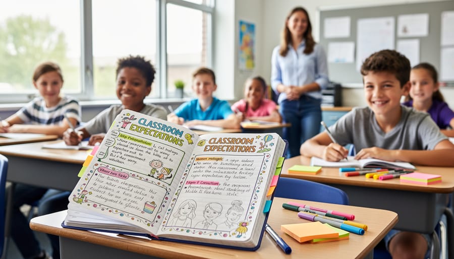 Close-up of student hands decorating and personalizing classroom rules page in notebook