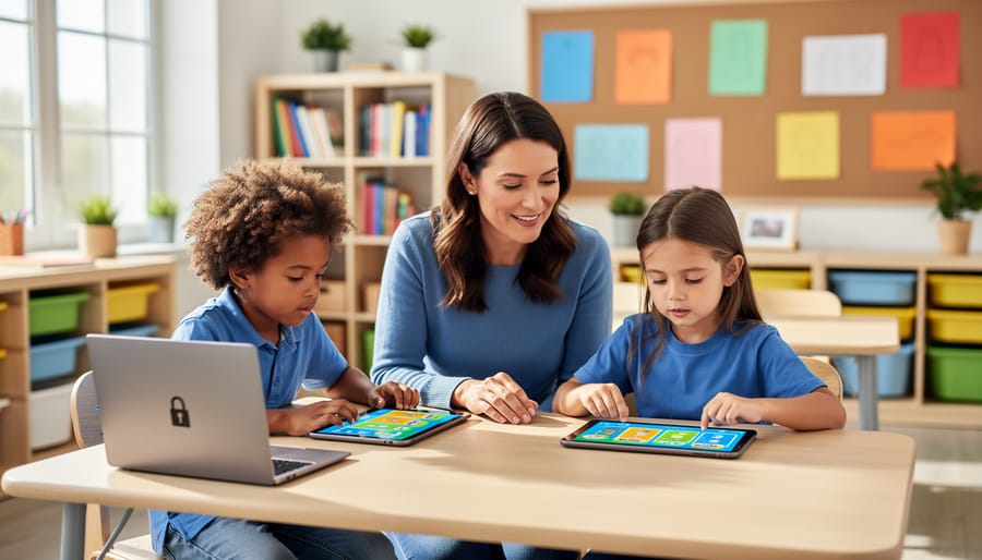Teacher kneeling beside two elementary students using tablets at a shared table, with a nearby laptop featuring a small lock sticker, in a sunlit classroom with shelves and a bulletin board softly blurred in the background.
