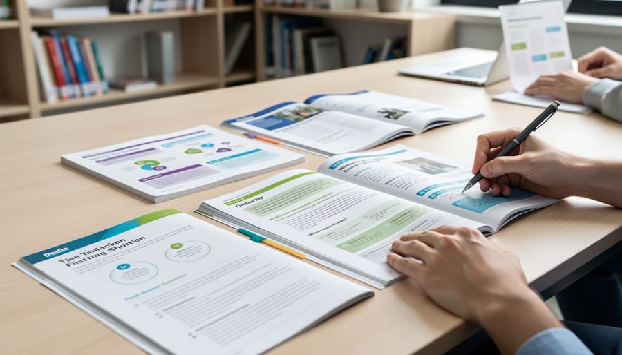 Flat lay of professionally designed educational worksheets showing clean layout and typography