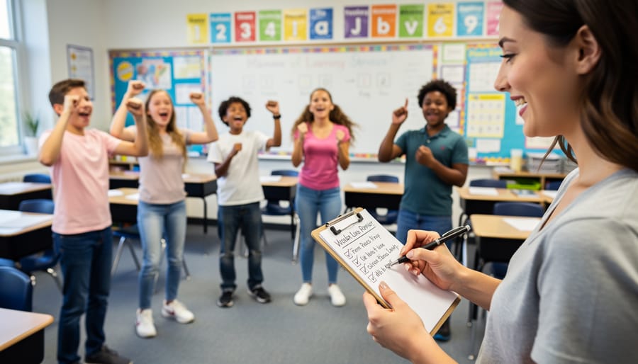 Teacher's hand writing observation notes on clipboard during classroom game