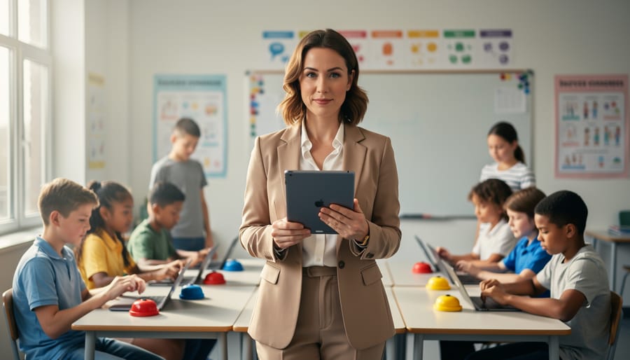Teacher in focus holding a tablet while watching small groups of students use tablets and buzzers during a classroom game, bright natural light, blurred posters and whiteboard in the background with no visible text or charts.