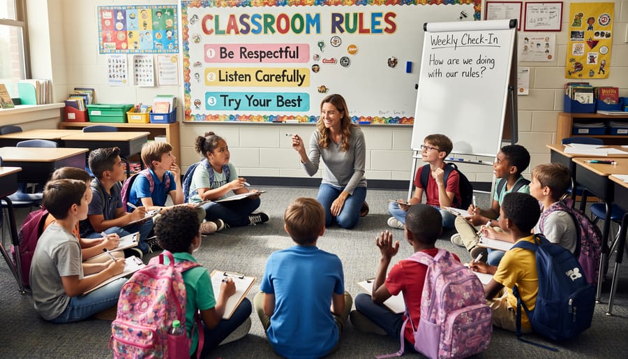 Teacher and elementary students sitting in circle reviewing notebooks during classroom discussion